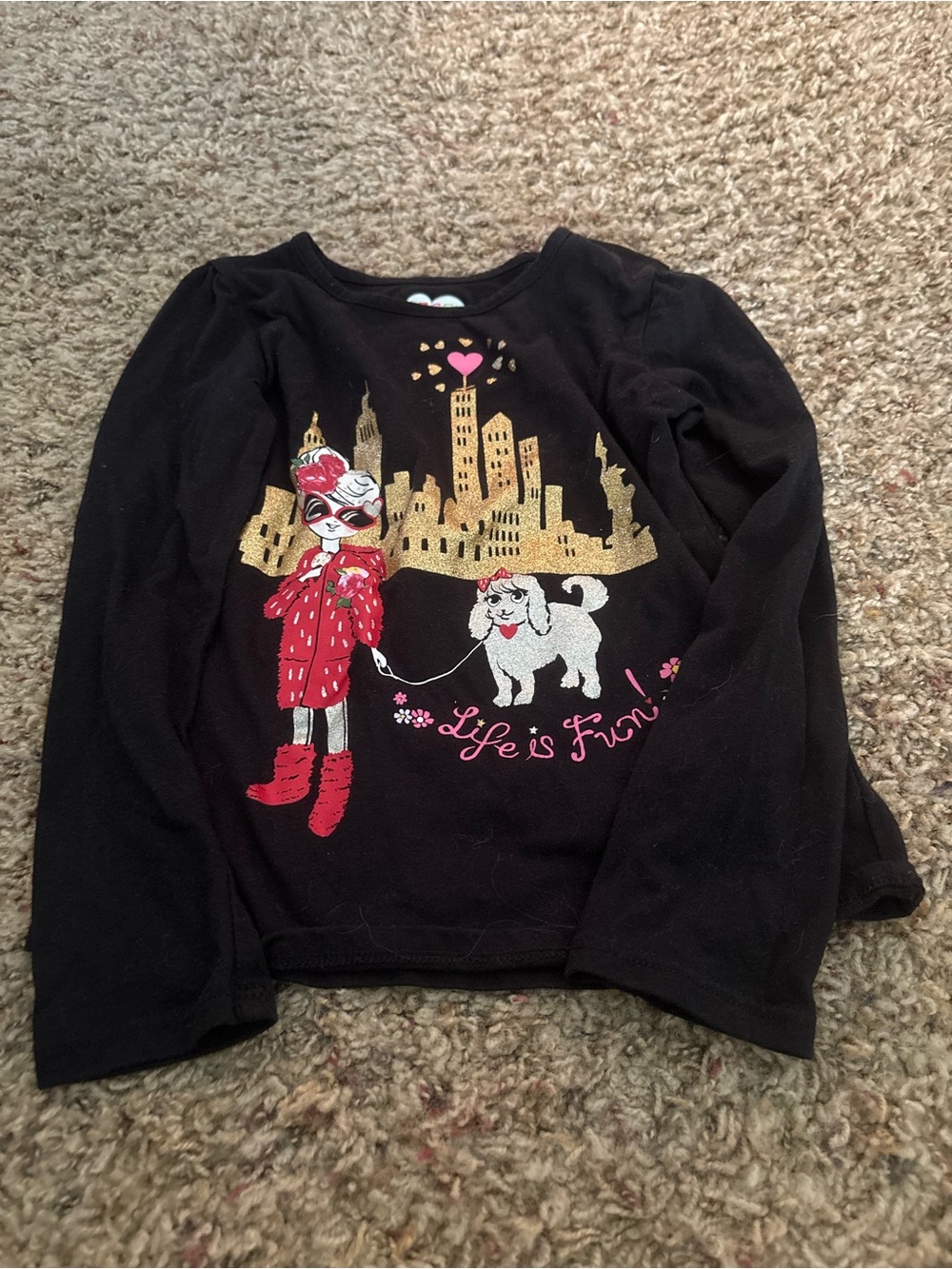 Black Long Sleeve Tee with Gold Skyline and Pink Accents